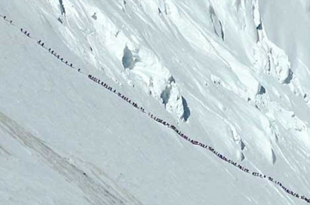 Classic modern Everest fixed line with multitude of climbers 