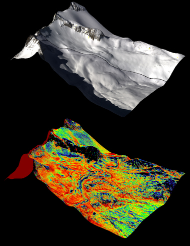 A natural color image of Mt. Lyell, the highest point in the Tuolumne River Basin (top image) is compared with a three-dimensional color composite image of Mt. Lyell from NASA’s Airborne Snow Observatory depicting snow depth (bottom image). Mt. Lyell holds the Lyell glacier, which has been in sustained retreat since the 1800s. Credit: NASA/JPL-Caltech 