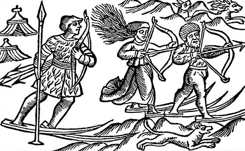 This picture shows two Sami (Lap) men and a woman hunting on skis. Illustration is from a book by Olaus Magnus "Historia de Gentibus Septentrionalibus" (History of the Nordic Peoples), published in Rome 1555. 