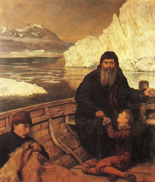 John Collier's painting of Henry Hudson with his son and some crew members after a mutiny on his icebound ship. The boat was set adrift and never heard from again.