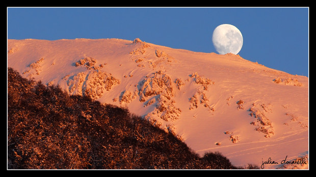 Moonset on Cerro Catedral in Bariloche, Argentina.  photo: julian donatelli