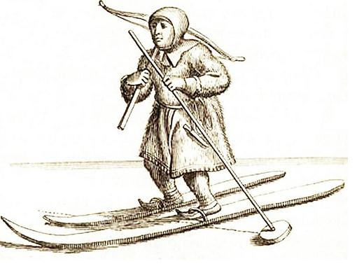 Sami with crossbow and skiis. Samisk jeger med armbrøst på ski 1674