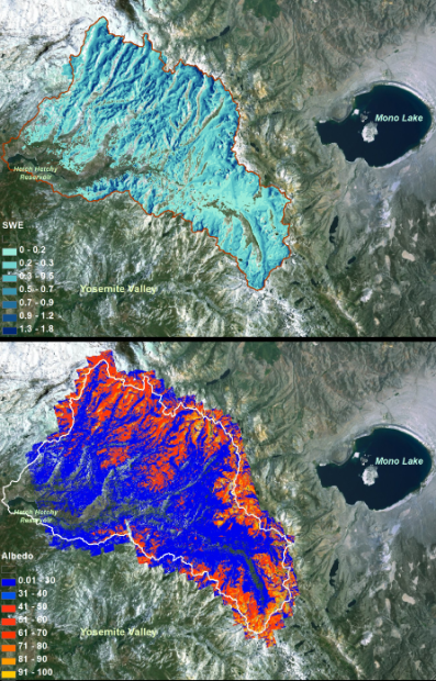 NASA Airborne Snow Observatory measurements of snow water equivalent (top image) and snow albedo, or reflectivity (bottom image) for the Tuolumne River Basin in California’s Sierra Nevada on April 21, 2013. The snow water equivalent measured the total water contained as snow in the basin on that date at 375 million cubic meters, or enough to fill the Rose Bowl about 1,180 times. The albedo map expresses the percentage of sunlight reflected back to space by the snow. The lower the albedo, the faster the snowmelt rate and runoff. Credit: NASA/JPL-Caltech 