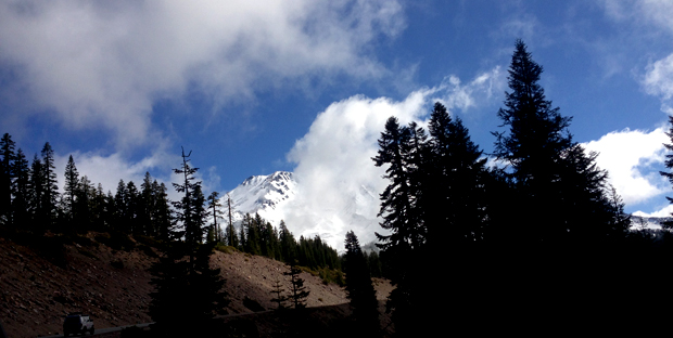 shasta conditions - a glimpse from the road up almost to bunny flat trail head