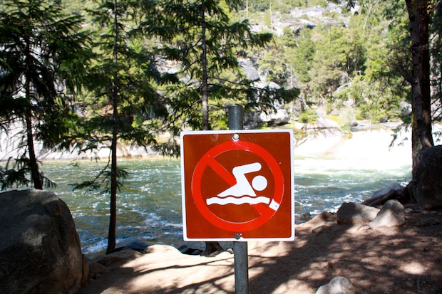 No swimming sign above Nevada Falls, Yosemite.  photo:  miles clark