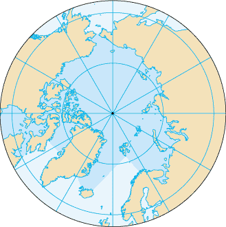 An Azimuthal projection showing the Arctic Ocean and the North Pole. The map also shows the 75th parallel north and 60th parallel north.
