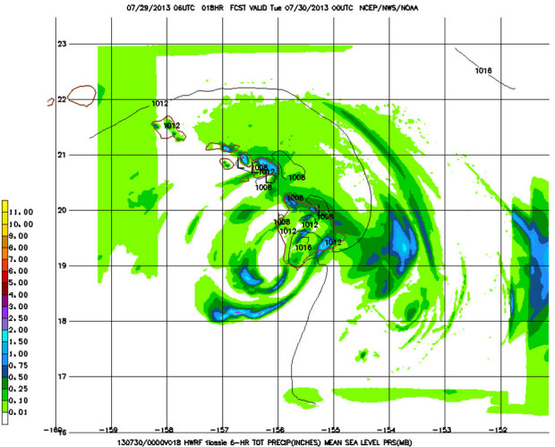 This is the Hurricane Weather Research and Forecasting (HWRF) model showing the Tropical Storm Flossie precipitation forecast for the Hawaiian Islands on July 29, 2013. HWRF is one of the sophisticated numerical computer models now being run on NOAA's new supercomputers. Download here (Credit: NOAA) 