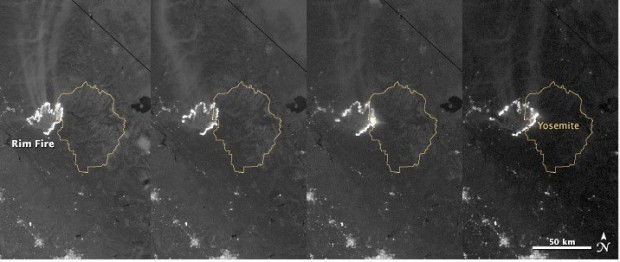 Californias Rim Fire from space showing progression of the fire until today, August 27th. 