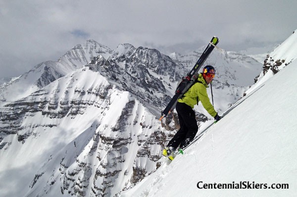 Chris Davenport on Cathedral Peaks Pearl Couloir.  photo:  centennial skiers