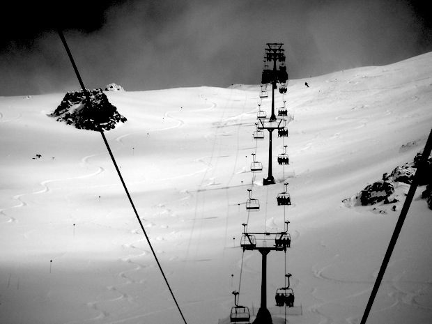 Nubes tracks this afternoon right after chair opening.  September 20th, 2013.  photo:  snowbrains.com