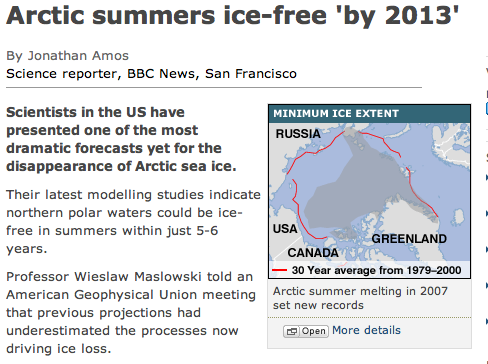 BBC article from 2007 predicting ice free arctic by 2013