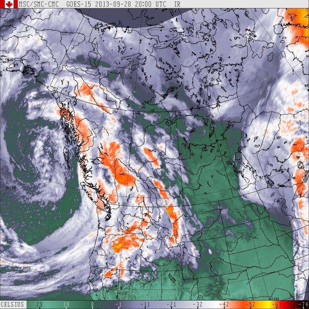 GOES West  (Western Canada) IR satellite image at 1:20pm, September 28th, 2013.
