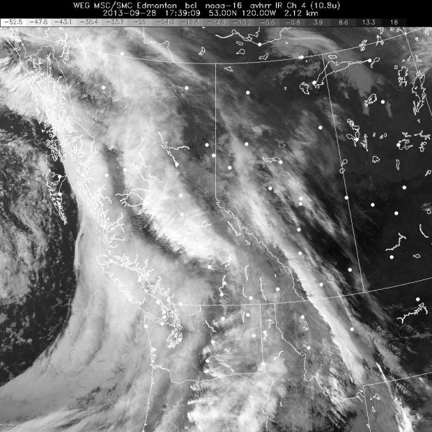 GOES West (British Columbia) IR satellite image at 1:20pm, September 28th, 2013.