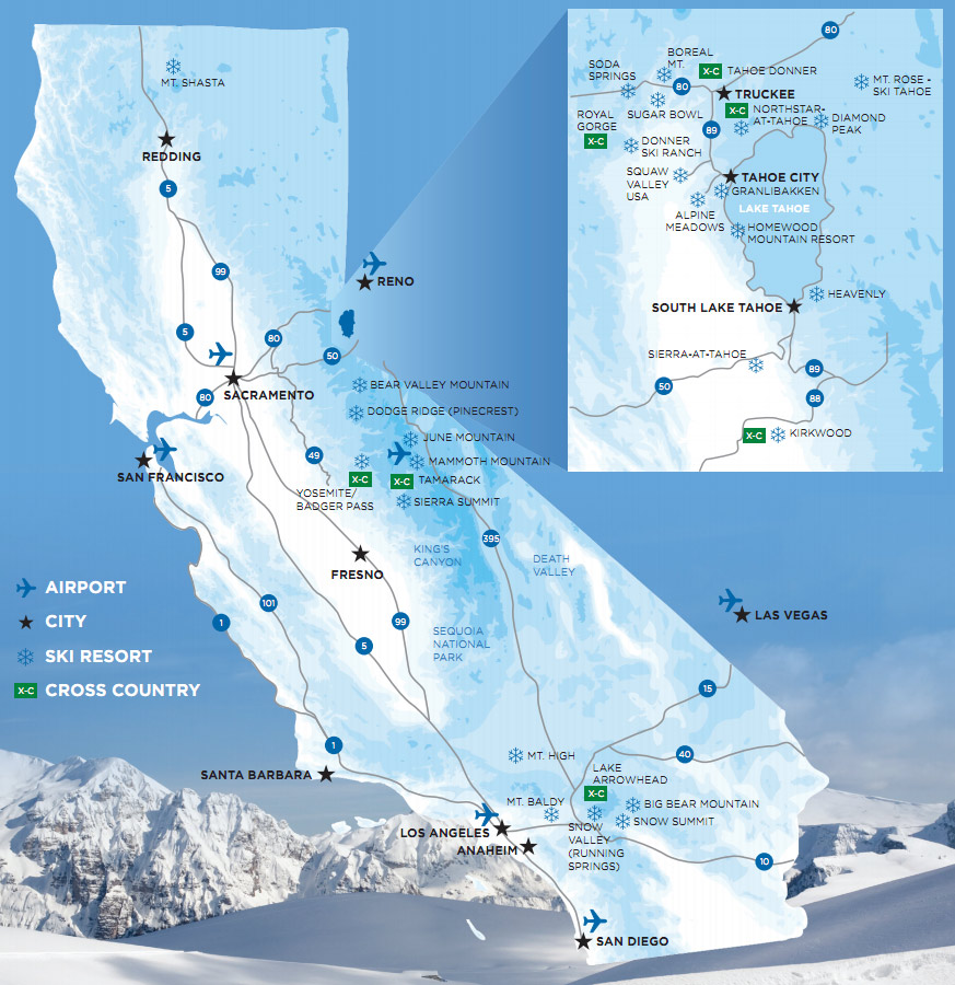 Map of California ski resorts.