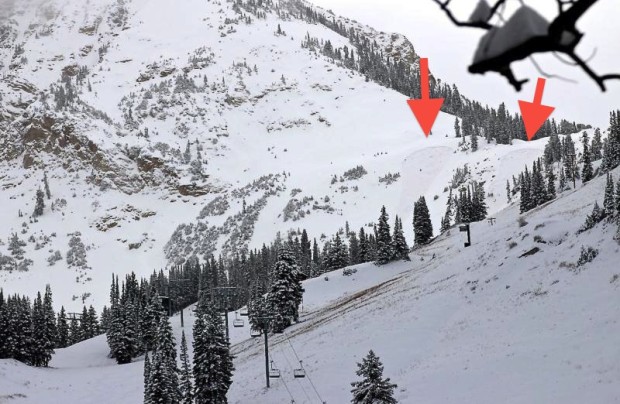 Avalanches marked with red arrows.  image:  Utah Avalanche Center