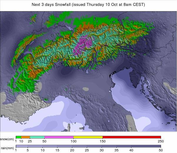 snow-forecast.coms map of the coming Alps storm 