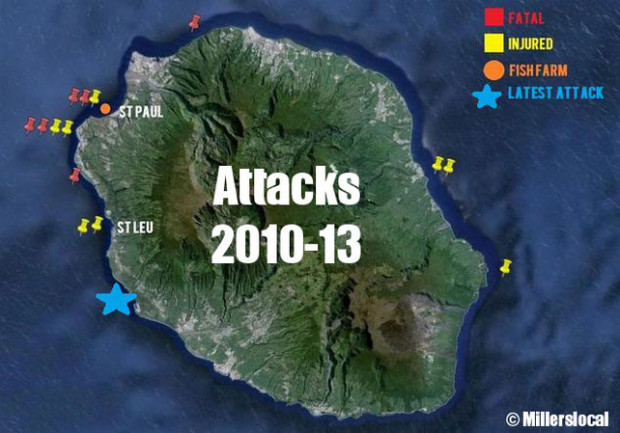 Showing all shark attacks since 2010 with the latest attack on the body boarder on Oct. 27th, 2013 as blue star.
