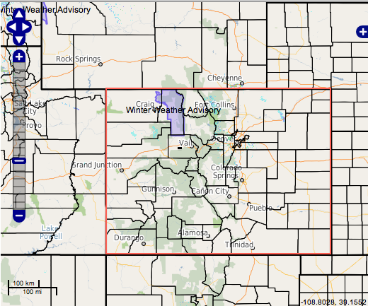Map of Colorado (red) showing winter weather advisory in purple.