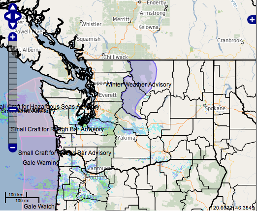 Map of Washington showing winter storm advisory area in purple