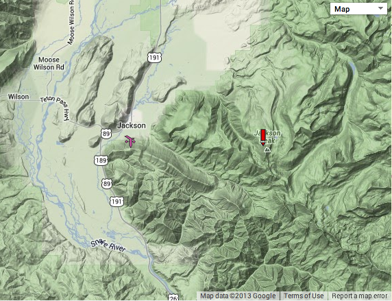 Map showing location of avalanche on Jackson Peak and the town of Jackson