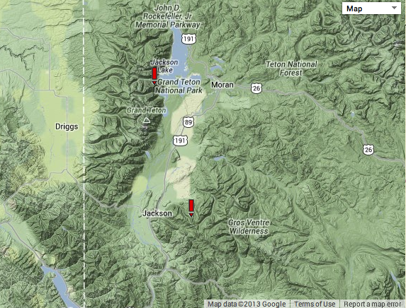 Map showing both of the avalanche locations that have occurred near Jackson, WY in November 2013.