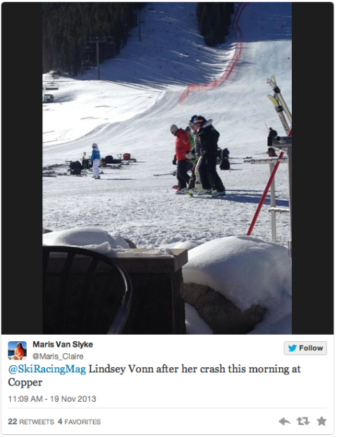 Tweet from today showing Lindsey Vonn being helped off the course after her crash.