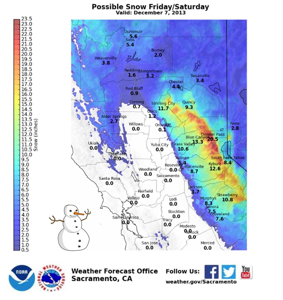 Up to 20" of Snow for Tahoe Tomorrow Snow Levels Down to 500