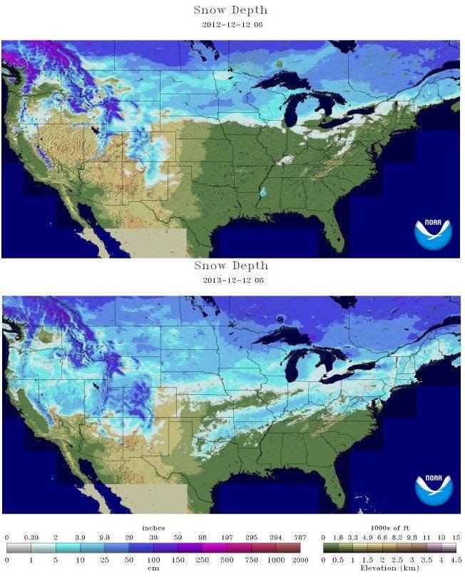 US Snow Cover & Snow Depth Right Now VS Last Year: - SnowBrains