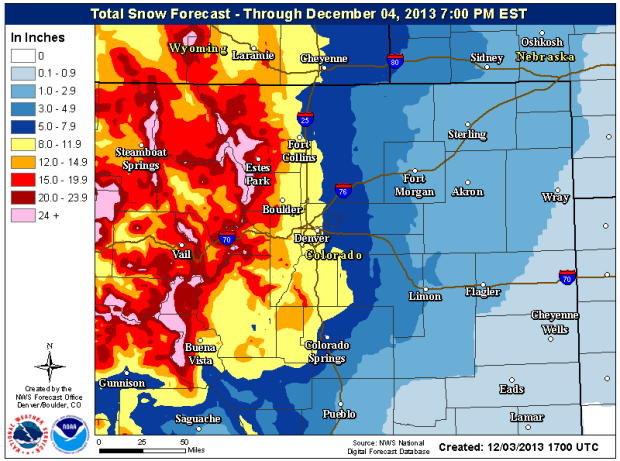 Colorado snow forecast showing
