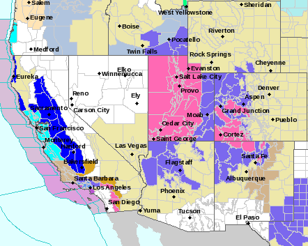 The pink areas of Utah are under Winter Storm Warnings.  The Purple areas in Utah are Winter Weather Advisories.