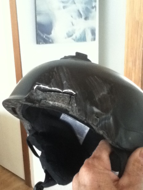 My busted helmet after hitting the rock wall.