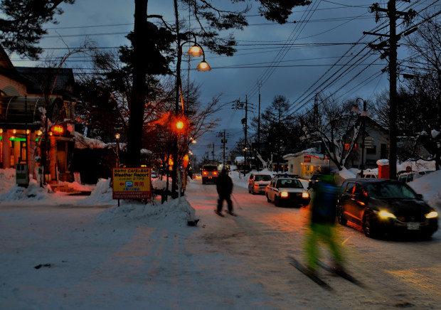 Skiing through Echoland (downtown Hakuba) after skiing today at 5pm.  photo:  Zach Paley