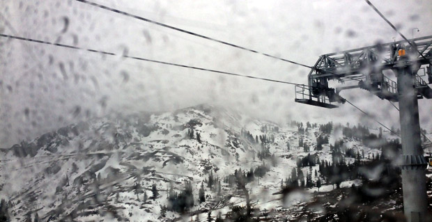 A rather wet view out the Funitel at Squaw today
