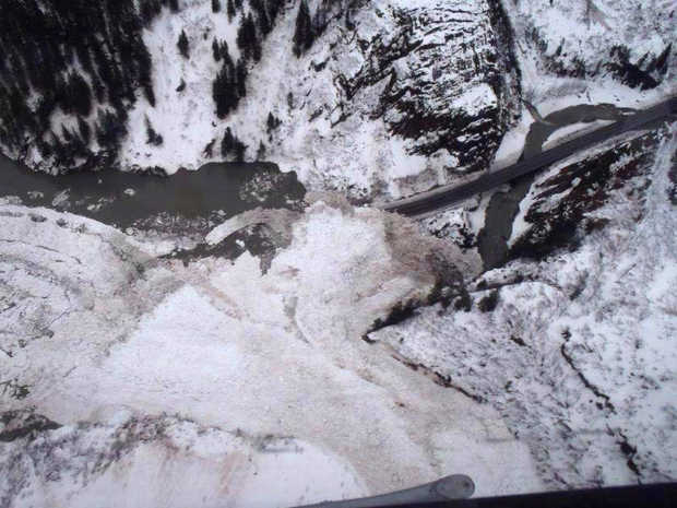 Valdez highway blocked by avalanche, snow dam, and lake.  photo:  ALASKA DEPARTMENT OF TRANSPORTATION AND PUBLIC FACILITIES