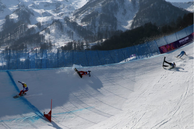 The course for ski cross and snowboard cross, a six-person race to the finish over jumps and around icy banked curves, is the same for men and women. Josh Haner/The New York Times