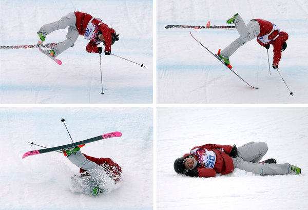 In ski slopestyle, Yuki Tsubota of Canada cartwheeled violently after a jarring landing, her knee smashing her jaw. photo:  Associated Press