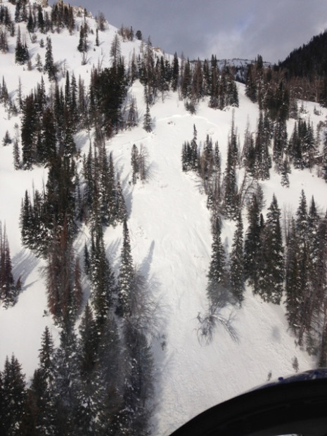 Aerial photo of the avalanche crown and debris that killed a snowmobiler on Tuesday in Wyoming.  photo:  jhavalanche.org