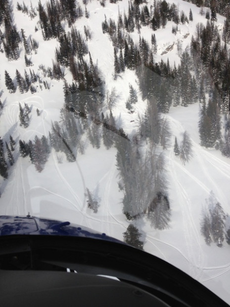 Aerial photo of the avalanche crown and debris that killed a snowmobiler on Tuesday in Wyoming.  photo:  jhavalanche.org