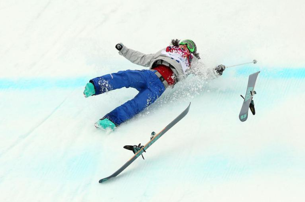 Anna Mirtova crashes hard during slopestyle practice in Sochi.  photo:  getty images