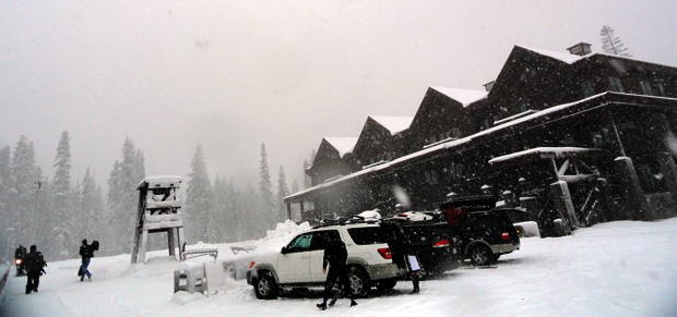 The base of Sugar Bowl with the snow coming down this morning