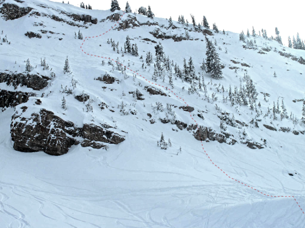 Finals venue from the bottom with the line I never got to ski dotted in :(