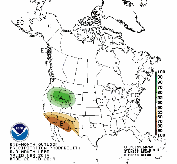 Precipitation forecast for the USA in March 2014 showing Idaho, Wyoming, and Montana getting above average precipitation.