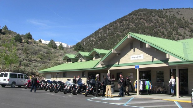 German motorcycle gang at the legendary Mobile Mart in Lee Vining, CA
