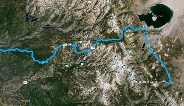 Map of Tioga Pass down to Mammoth, CA