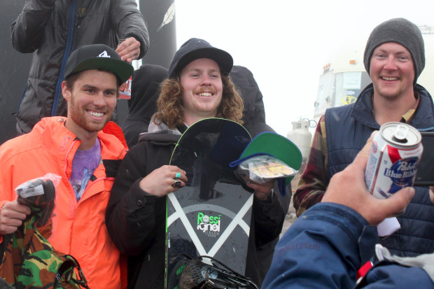 Snowboard competitors enjoying victory (Yes, that's pro skier Parker White in 2nd place).