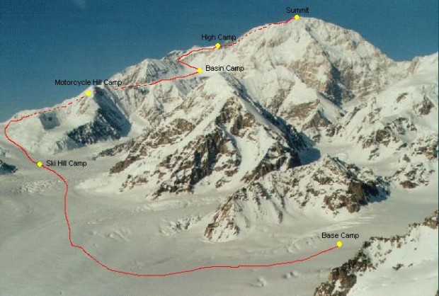 Western Buttress route that Kilian took for his speed ascent/descent