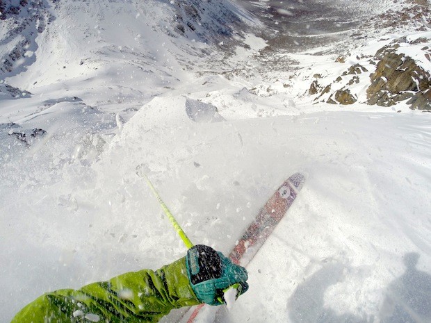 Skiing the lower fingers of Alaskita in the backcountry in good pow on September 16th, 2014.