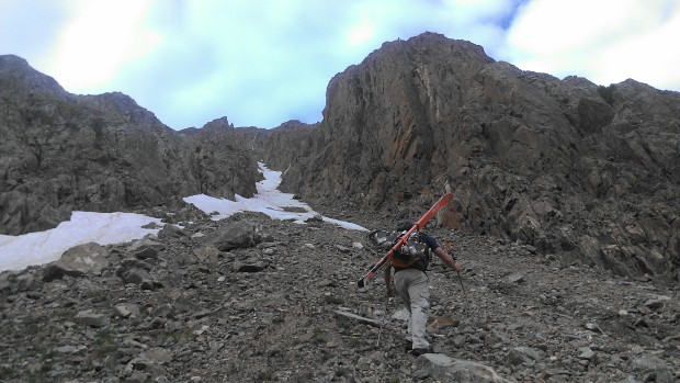 Booting up talus is a fact of summer skiing. [Photo: Aaron Rice, Pictured: Mike Olsen]