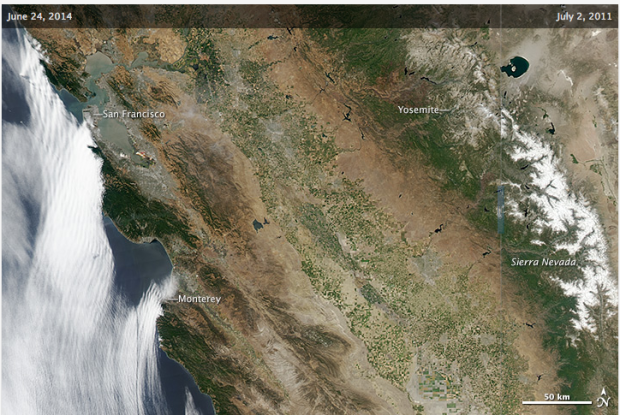 California Snowpack.  June 24th, 2014 on the left.  July 2nd, 2011 on the right.