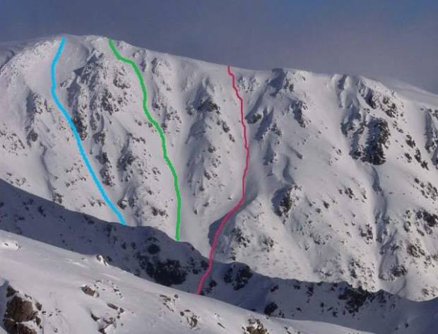 6,514-foot Mount Bogong, Australia with some descents marked.